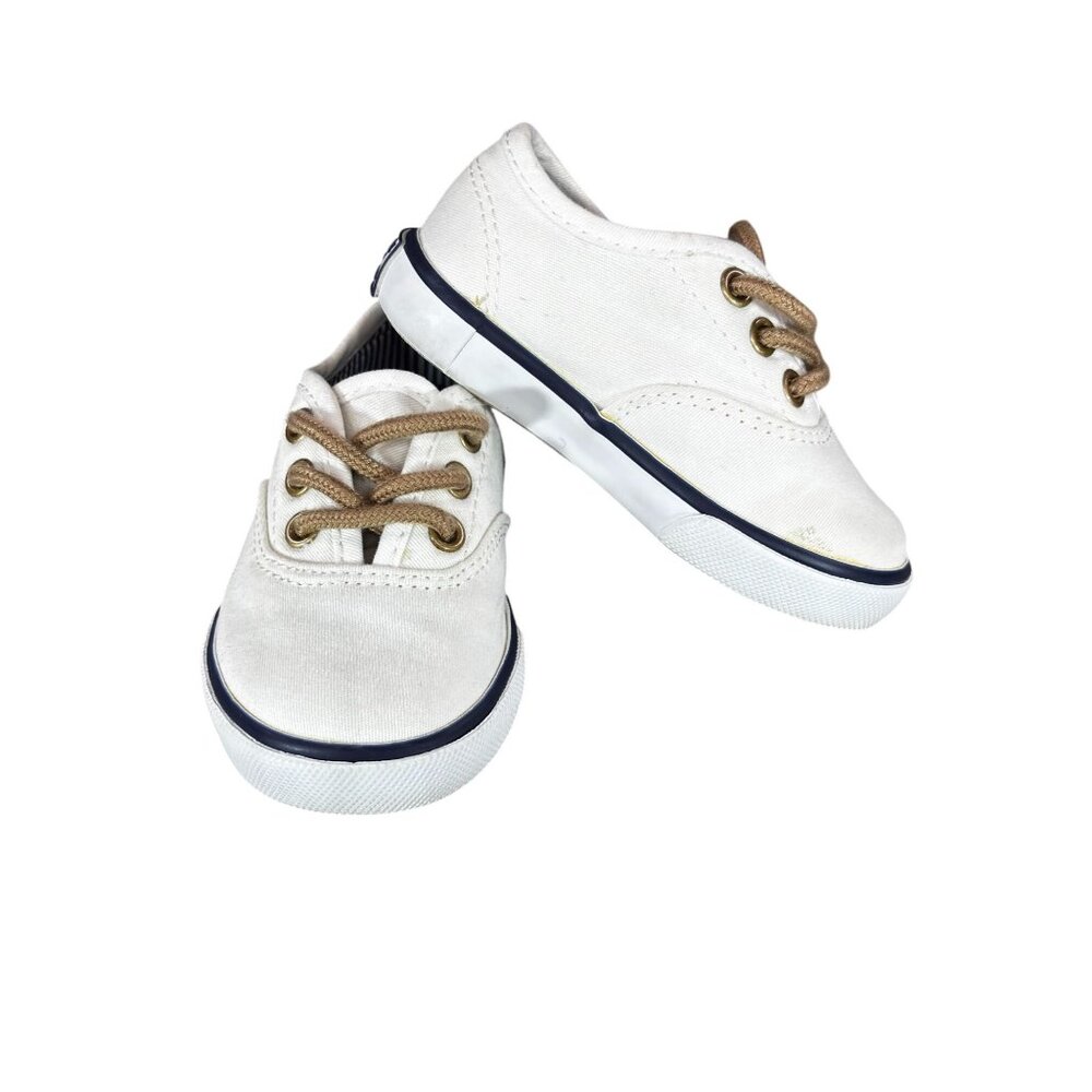 Janie And Jack Toddlers Canvas Sneakers Size 4 White & Beige Rubber Sole